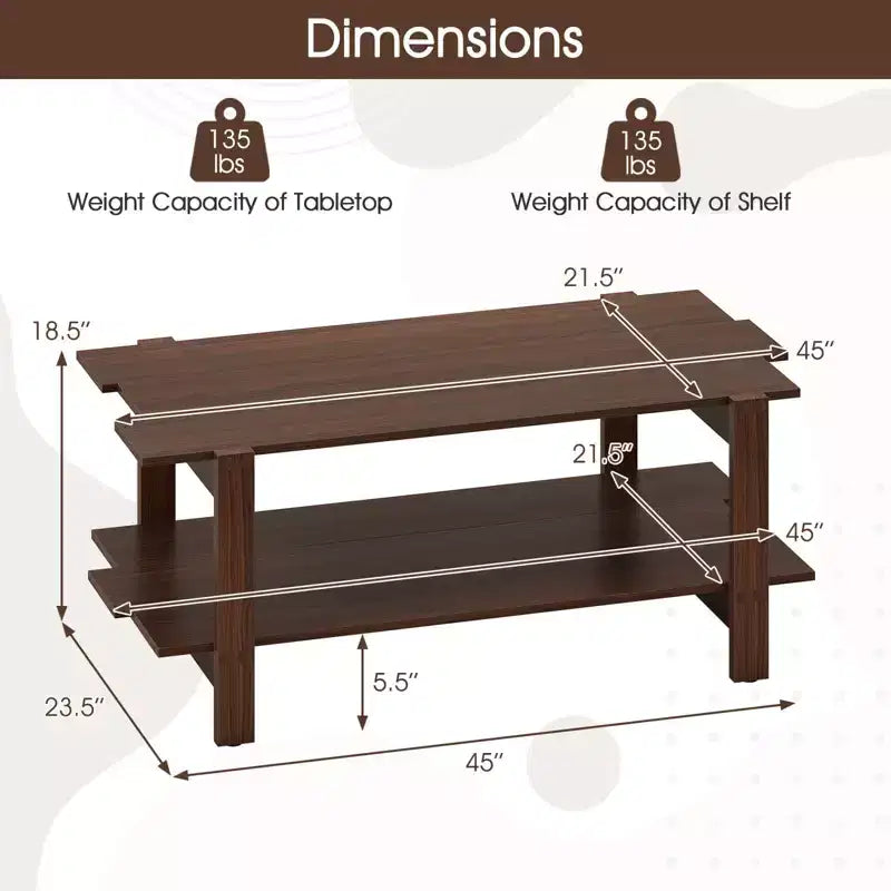 Mesa de centro de 2 niveles, mesa auxiliar irregular con estante abierto, mesa de cóctel nogal/negro/marrón/blanco