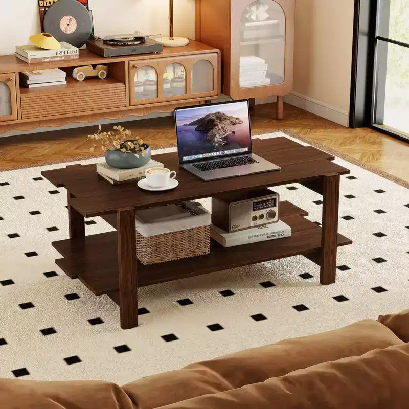 Mesa de centro de 2 niveles, mesa auxiliar irregular con estante abierto, mesa de cóctel nogal/negro/marrón/blanco
