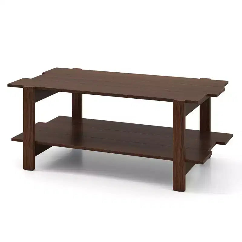 Mesa de centro de 2 niveles, mesa auxiliar irregular con estante abierto, mesa de cóctel nogal/negro/marrón/blanco