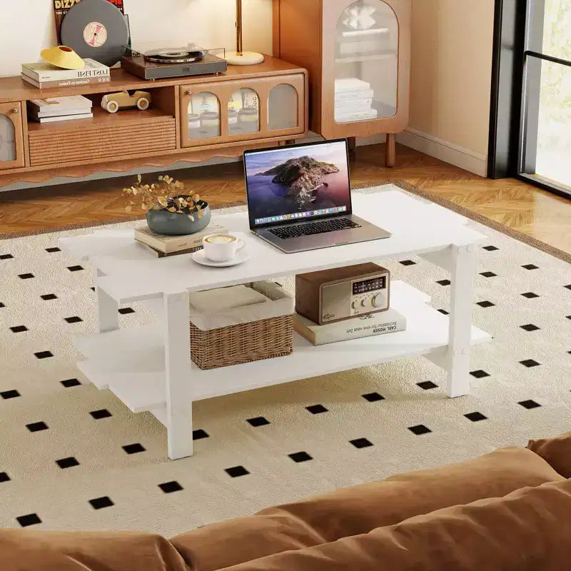 Mesa de centro de 2 niveles, mesa auxiliar irregular con estante abierto, mesa de cóctel nogal/negro/marrón/blanco