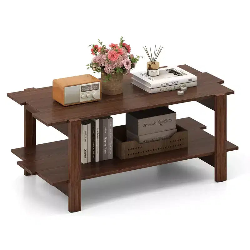 Table basse à 2 niveaux, table centrale irrégulière avec étagère de rangement ouverte, table de cocktail, noyer/noir/marron/blanc