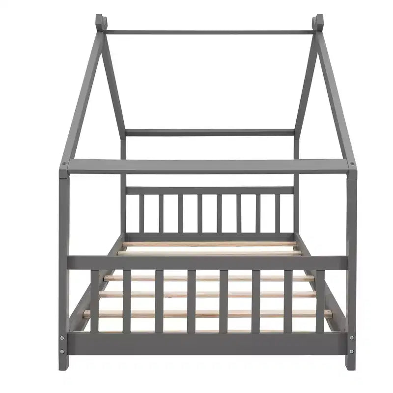 Cama tipo casita de tamaño individual, de madera de pino, estructura de cama infantil tipo casita de juegos con barandilla