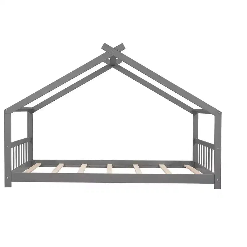 Cama tipo casita de tamaño individual, de madera de pino, estructura de cama infantil tipo casita de juegos con barandilla