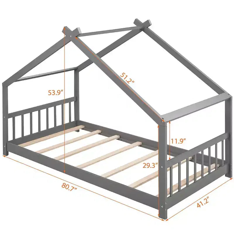 Cama tipo casita de tamaño individual, de madera de pino, estructura de cama infantil tipo casita de juegos con barandilla