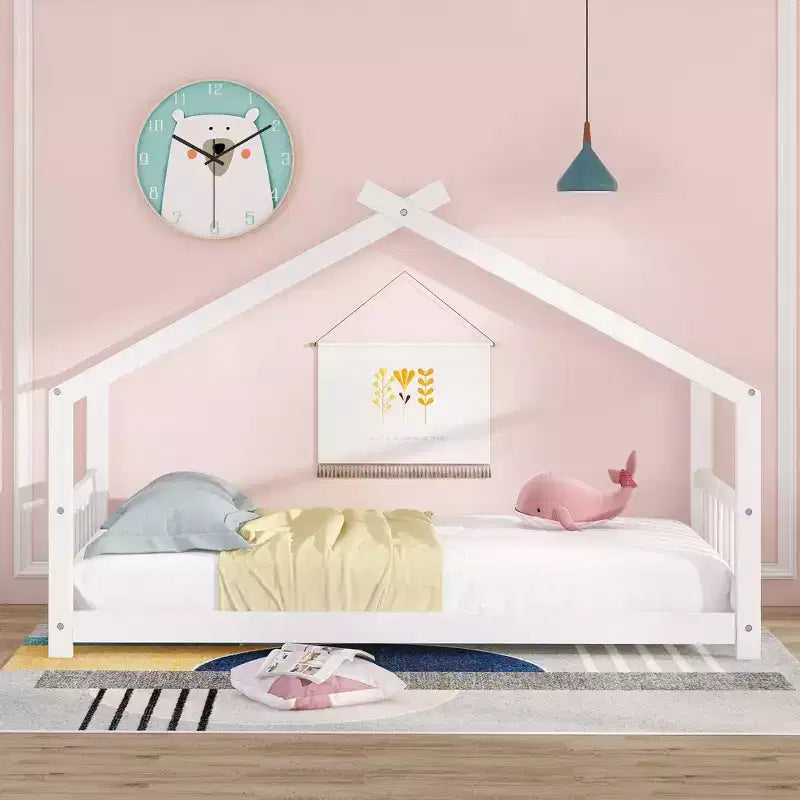 Cama tipo casita de tamaño individual, de madera de pino, estructura de cama infantil tipo casita de juegos con barandilla