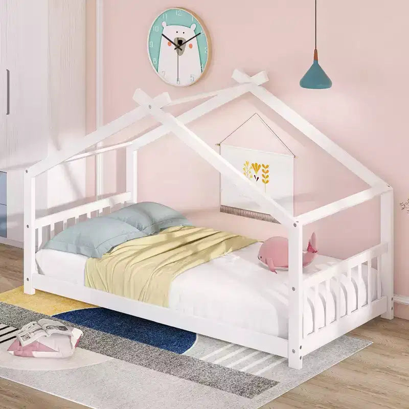 Cama tipo casita de tamaño individual, de madera de pino, estructura de cama infantil tipo casita de juegos con barandilla