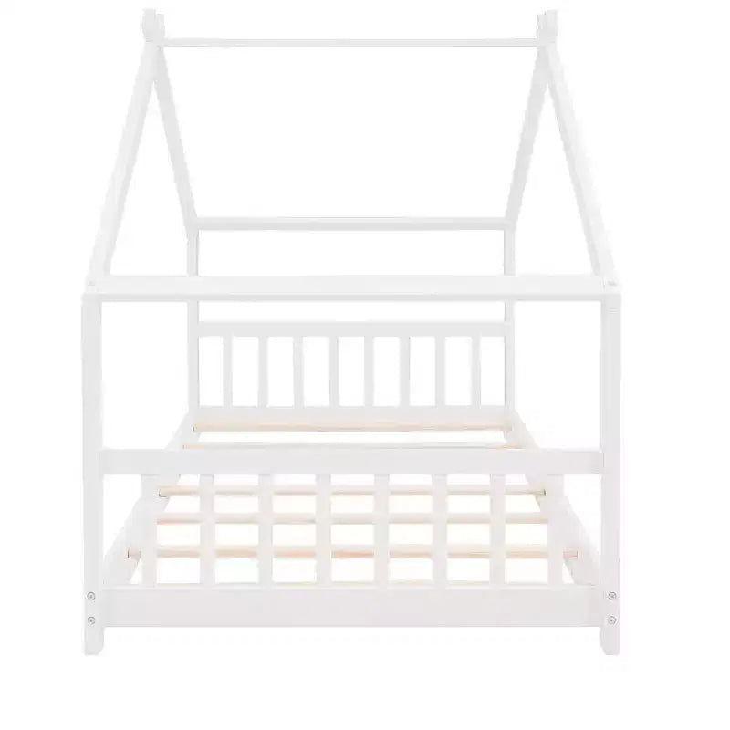 Cama tipo casita de tamaño individual, de madera de pino, estructura de cama infantil tipo casita de juegos con barandilla