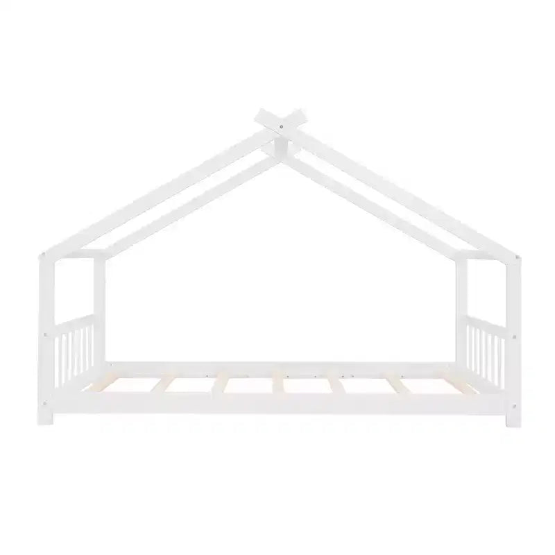 Cama tipo casita de tamaño individual, de madera de pino, estructura de cama infantil tipo casita de juegos con barandilla