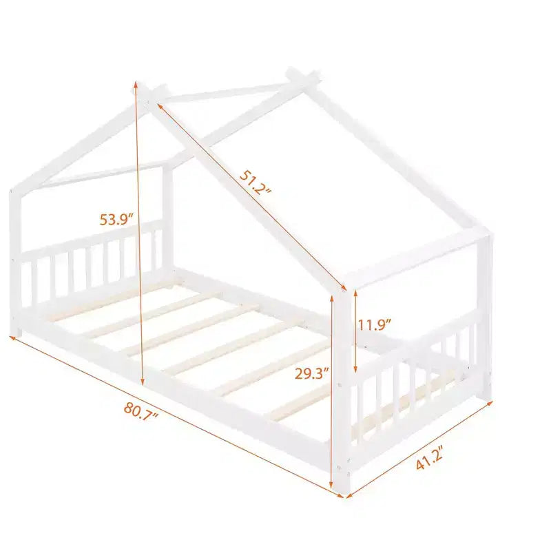 Cama tipo casita de tamaño individual, de madera de pino, estructura de cama infantil tipo casita de juegos con barandilla