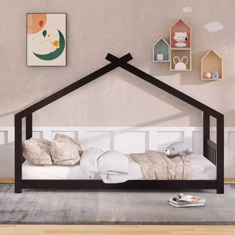Cama tipo casita de tamaño individual, de madera de pino, estructura de cama infantil tipo casita de juegos con barandilla