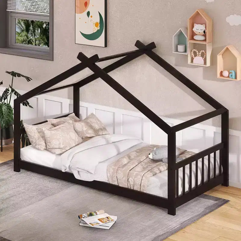 Cama tipo casita de tamaño individual, de madera de pino, estructura de cama infantil tipo casita de juegos con barandilla