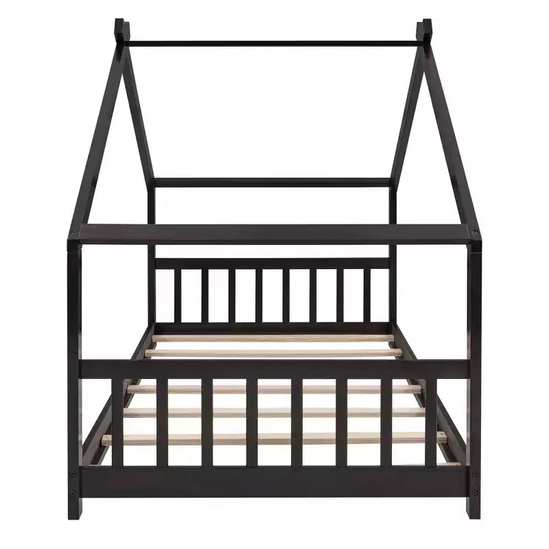 Cama tipo casita de tamaño individual, de madera de pino, estructura de cama infantil tipo casita de juegos con barandilla