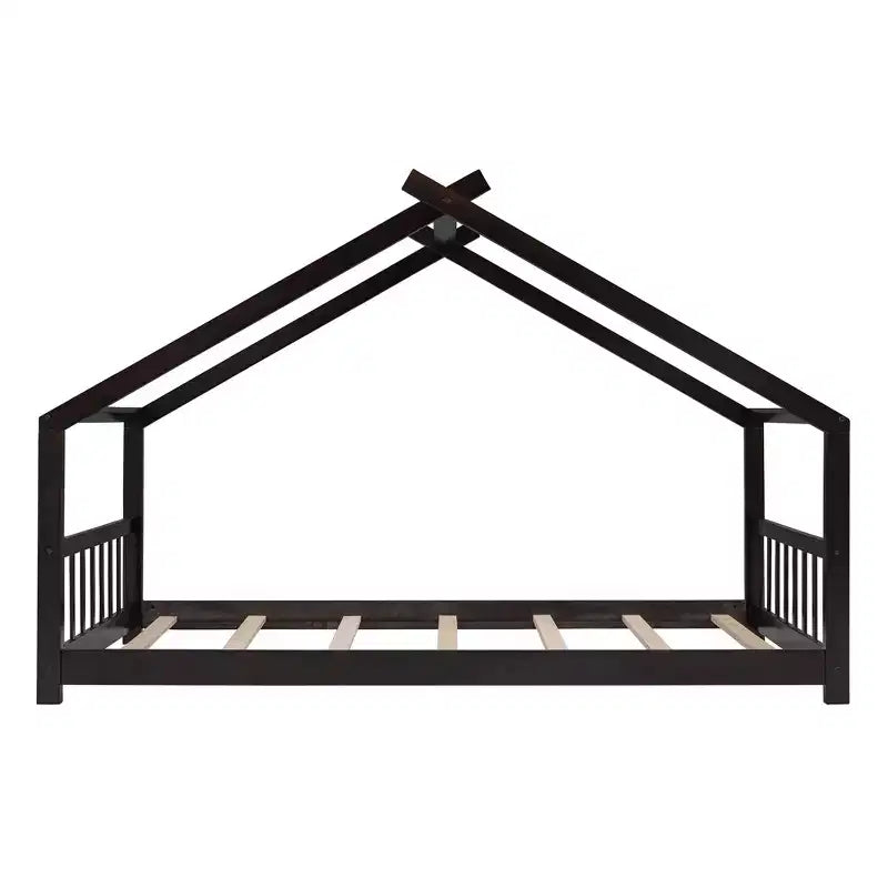 Cama tipo casita de tamaño individual, de madera de pino, estructura de cama infantil tipo casita de juegos con barandilla