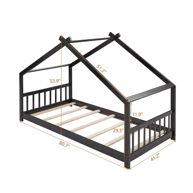 Cama tipo casita de tamaño individual, de madera de pino, estructura de cama infantil tipo casita de juegos con barandilla