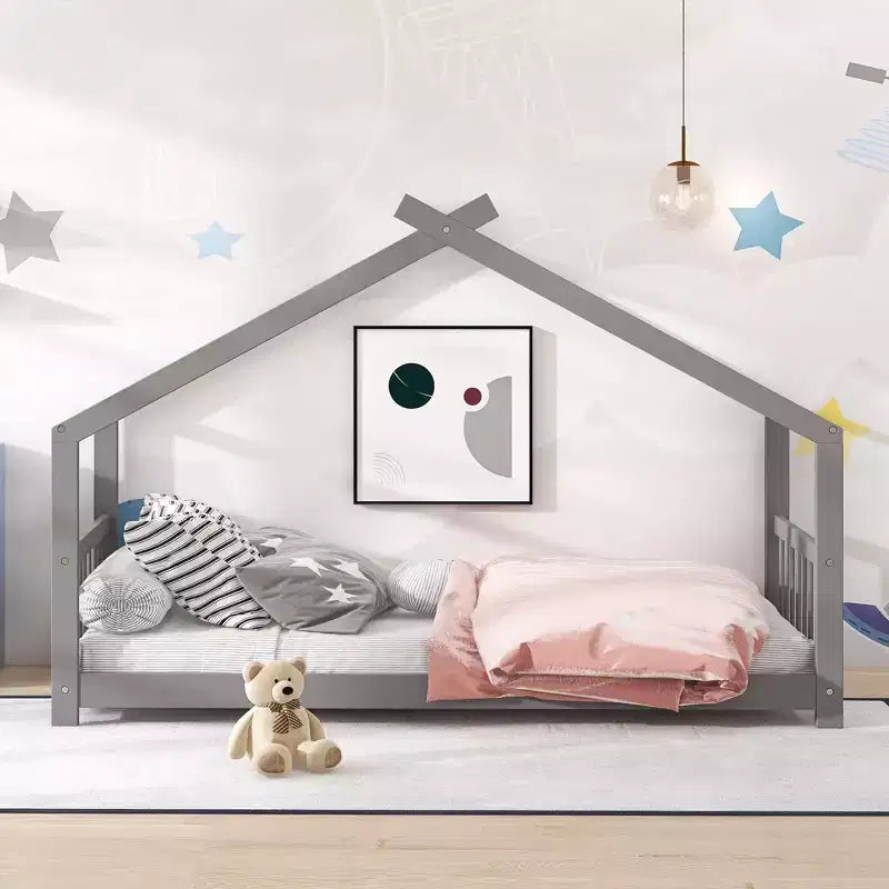Cama tipo casita de tamaño individual, de madera de pino, estructura de cama infantil tipo casita de juegos con barandilla