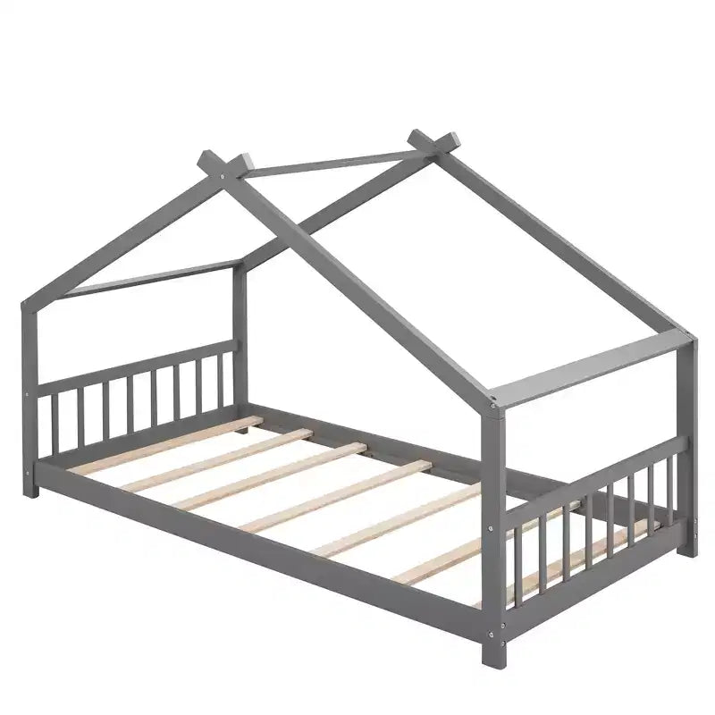 Cama tipo casita de tamaño individual, de madera de pino, estructura de cama infantil tipo casita de juegos con barandilla