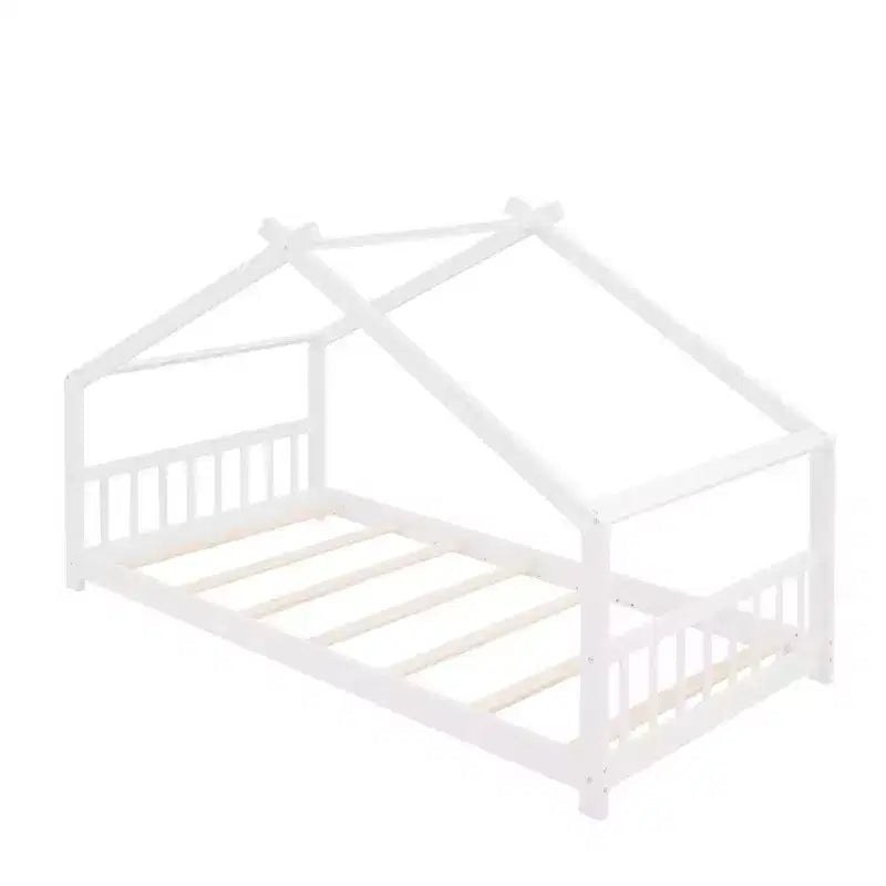 Cama tipo casita de tamaño individual, de madera de pino, estructura de cama infantil tipo casita de juegos con barandilla