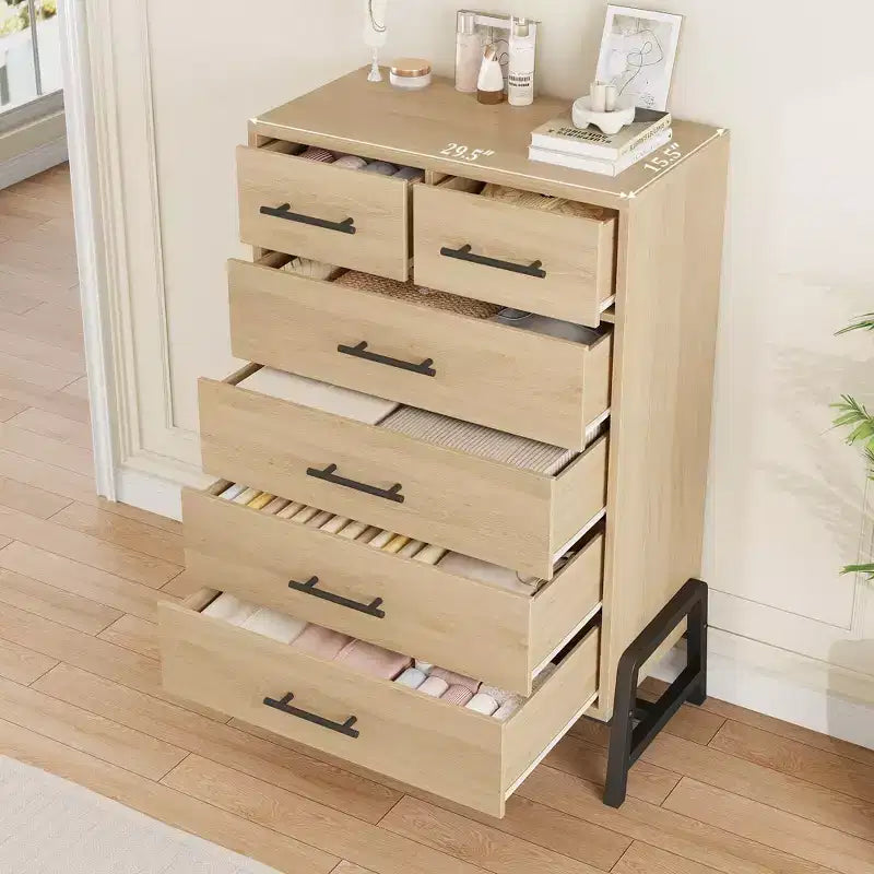 Kommode mit 4+2 Schubladen fürs Schlafzimmer, 46.6 hohe Kommode mit hohen Schubladen, freistehender Stauraum, Holzschrank