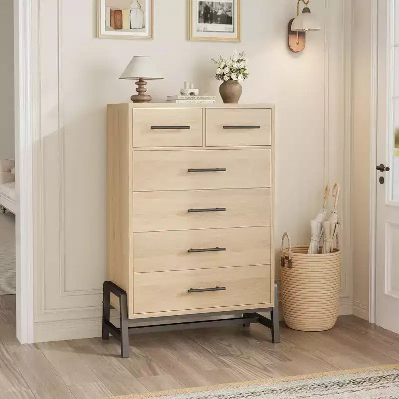 Kommode mit 4+2 Schubladen fürs Schlafzimmer, 46.6 hohe Kommode mit hohen Schubladen, freistehender Stauraum, Holzschrank