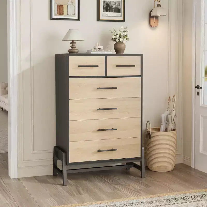 Kommode mit 4+2 Schubladen fürs Schlafzimmer, 46.6 hohe Kommode mit hohen Schubladen, freistehender Stauraum, Holzschrank