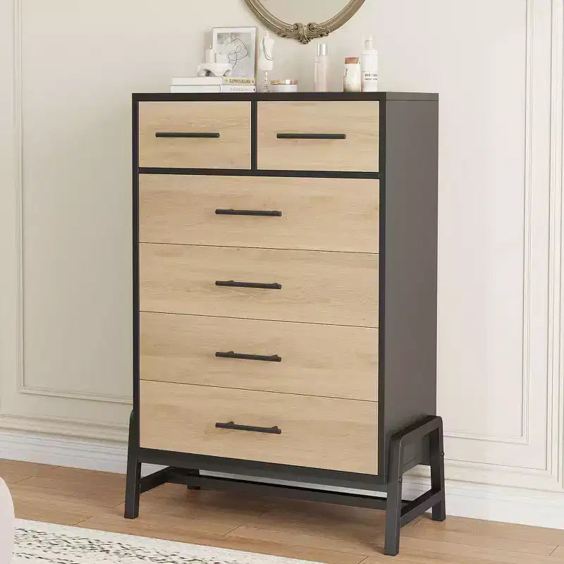 Kommode mit 4+2 Schubladen fürs Schlafzimmer, 46.6 hohe Kommode mit hohen Schubladen, freistehender Stauraum, Holzschrank