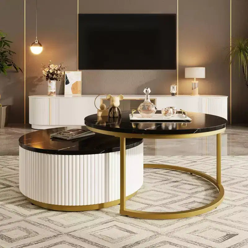 Modernes Couchtisch-Set aus 2 Satztischen, runder Beistelltisch mit Rillen fürs Wohnzimmer, Beistelltisch mit Schublade