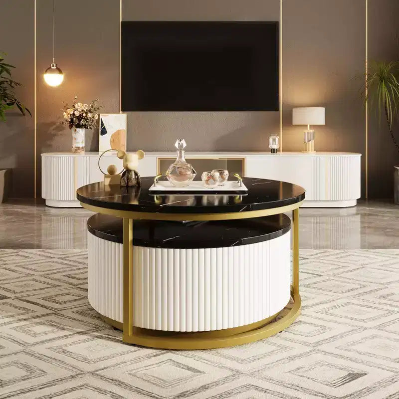 Modernes Couchtisch-Set aus 2 Satztischen, runder Beistelltisch mit Rillen fürs Wohnzimmer, Beistelltisch mit Schublade