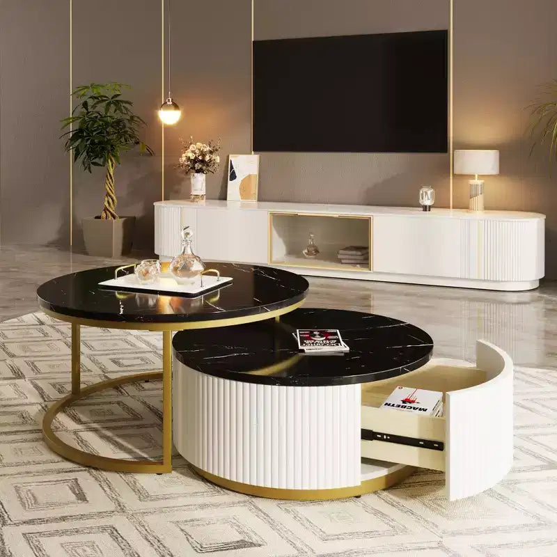 Modernes Couchtisch-Set aus 2 Satztischen, runder Beistelltisch mit Rillen fürs Wohnzimmer, Beistelltisch mit Schublade