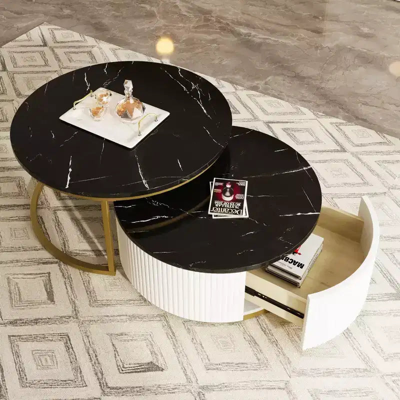 Modernes Couchtisch-Set aus 2 Satztischen, runder Beistelltisch mit Rillen fürs Wohnzimmer, Beistelltisch mit Schublade