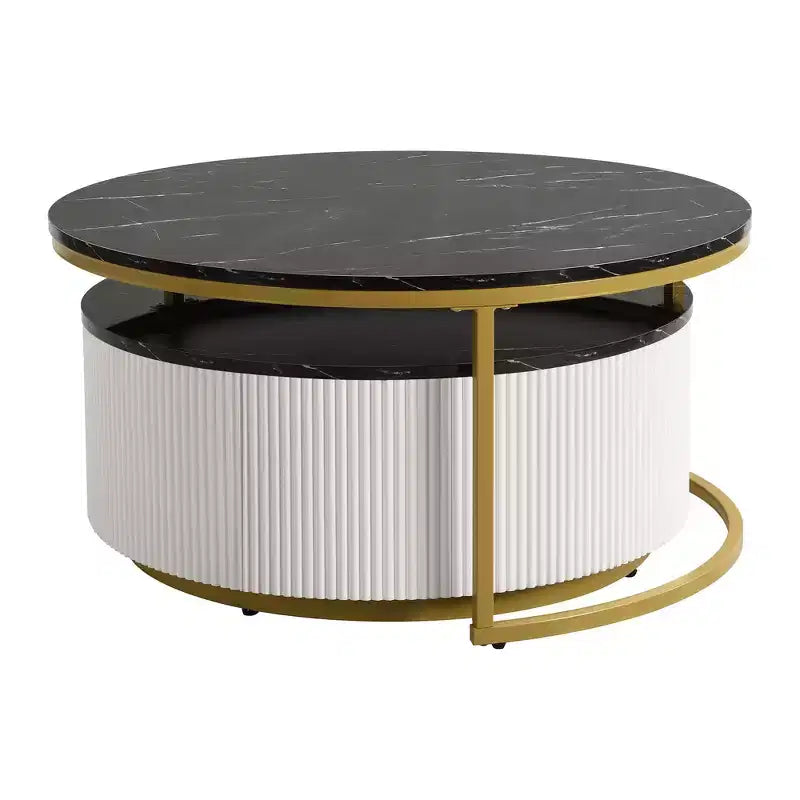 Modernes Couchtisch-Set aus 2 Satztischen, runder Beistelltisch mit Rillen fürs Wohnzimmer, Beistelltisch mit Schublade