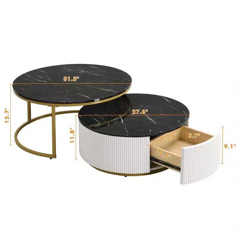 Modernes Couchtisch-Set aus 2 Satztischen, runder Beistelltisch mit Rillen fürs Wohnzimmer, Beistelltisch mit Schublade
