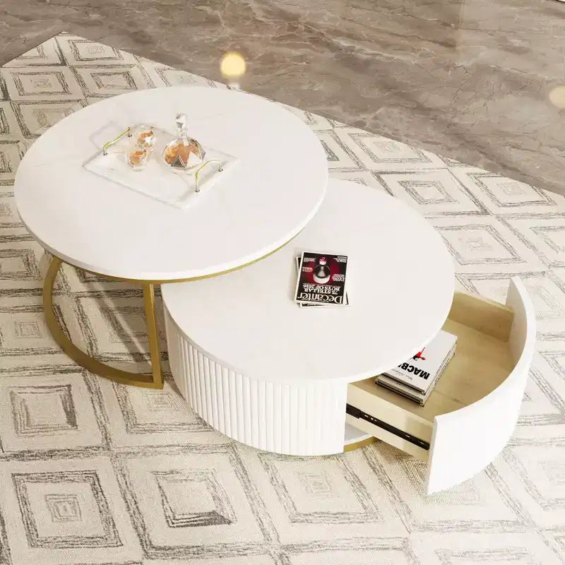 Modernes Couchtisch-Set aus 2 Satztischen, runder Beistelltisch mit Rillen fürs Wohnzimmer, Beistelltisch mit Schublade