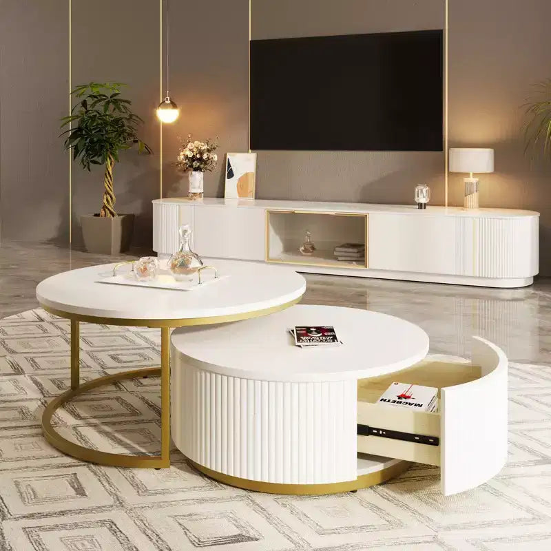 Modernes Couchtisch-Set aus 2 Satztischen, runder Beistelltisch mit Rillen fürs Wohnzimmer, Beistelltisch mit Schublade