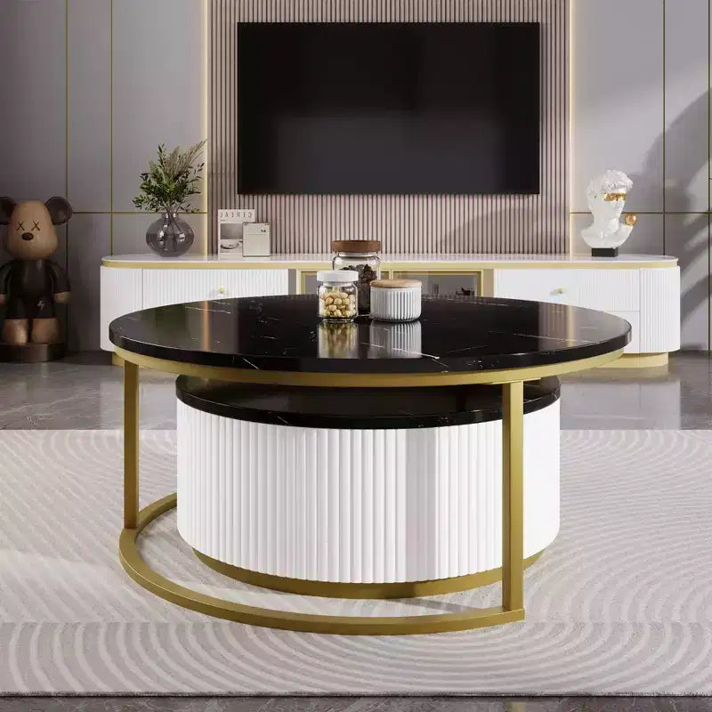 Ensemble de 2 tables basses modernes gigognes, table d'appoint ronde cannelée pour salon, table d'appoint avec tiroir de rangement