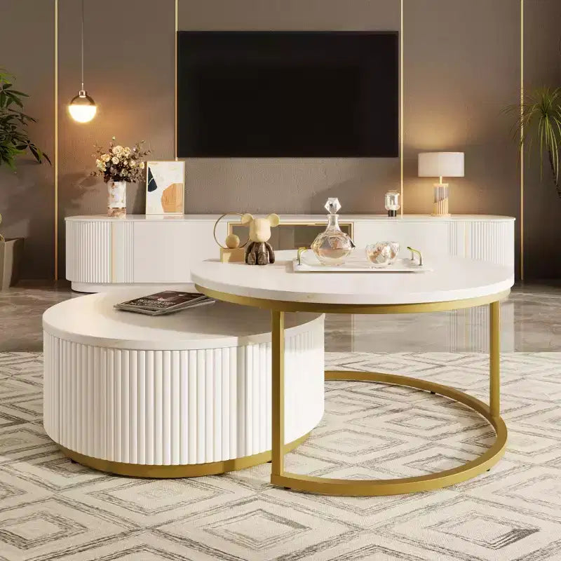 Modernes Couchtisch-Set aus 2 Satztischen, runder Beistelltisch mit Rillen fürs Wohnzimmer, Beistelltisch mit Schublade