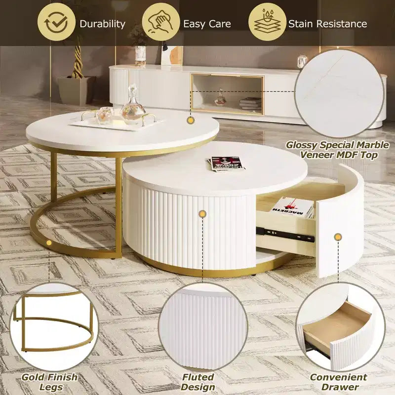 Modernes Couchtisch-Set aus 2 Satztischen, runder Beistelltisch mit Rillen fürs Wohnzimmer, Beistelltisch mit Schublade