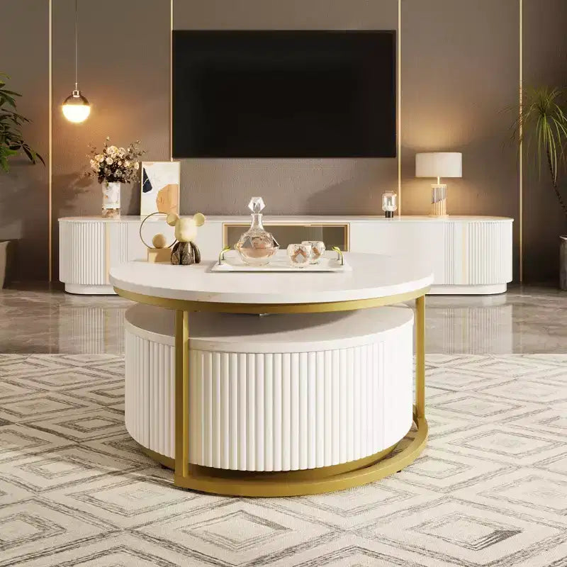 Modernes Couchtisch-Set aus 2 Satztischen, runder Beistelltisch mit Rillen fürs Wohnzimmer, Beistelltisch mit Schublade