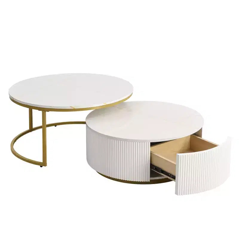 Modernes Couchtisch-Set aus 2 Satztischen, runder Beistelltisch mit Rillen fürs Wohnzimmer, Beistelltisch mit Schublade