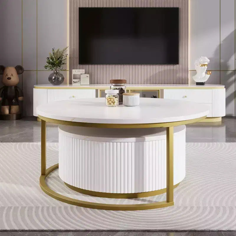 Modernes Couchtisch-Set aus 2 Satztischen, runder Beistelltisch mit Rillen fürs Wohnzimmer, Beistelltisch mit Schublade
