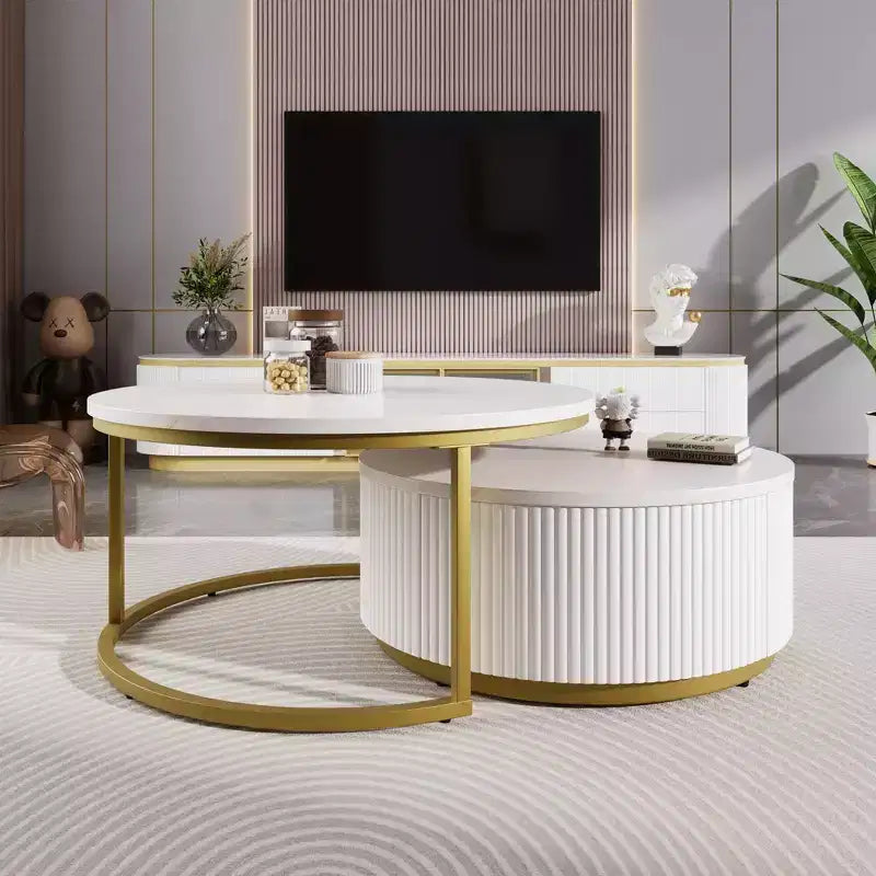 Modernes Couchtisch-Set aus 2 Satztischen, runder Beistelltisch mit Rillen fürs Wohnzimmer, Beistelltisch mit Schublade