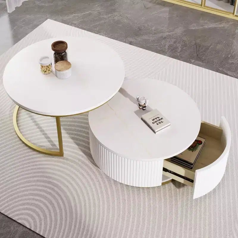 Modernes Couchtisch-Set aus 2 Satztischen, runder Beistelltisch mit Rillen fürs Wohnzimmer, Beistelltisch mit Schublade