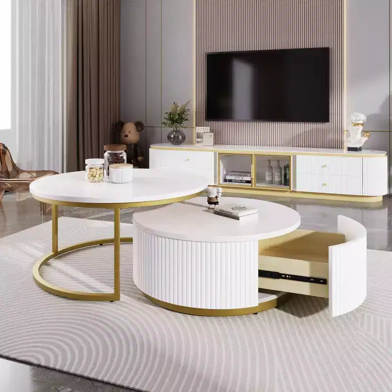 Modernes Couchtisch-Set aus 2 Satztischen, runder Beistelltisch mit Rillen fürs Wohnzimmer, Beistelltisch mit Schublade