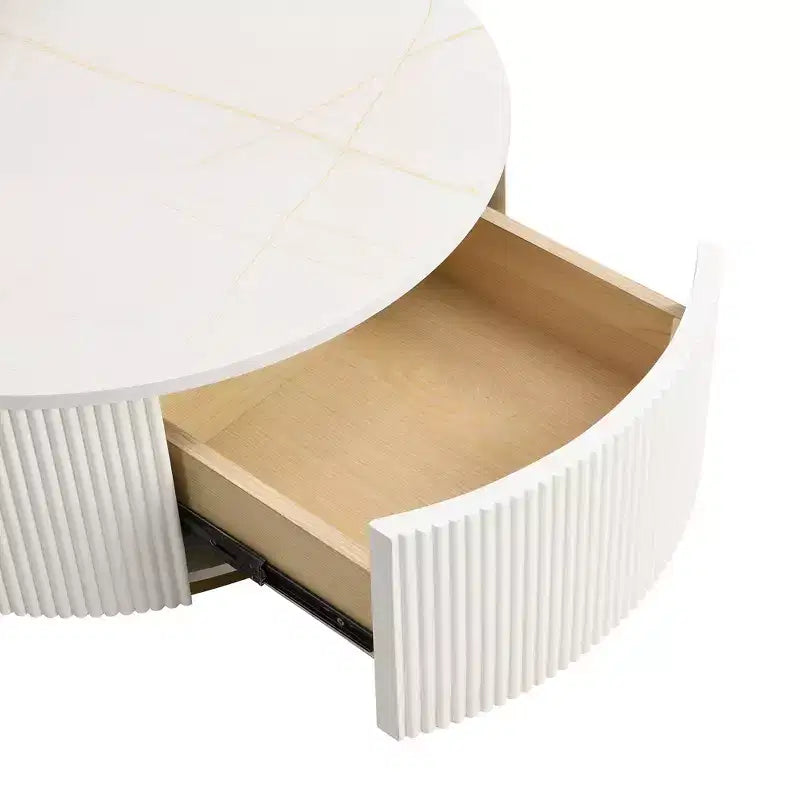 Modernes Couchtisch-Set aus 2 Satztischen, runder Beistelltisch mit Rillen fürs Wohnzimmer, Beistelltisch mit Schublade