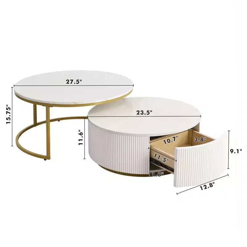 Modernes Couchtisch-Set aus 2 Satztischen, runder Beistelltisch mit Rillen fürs Wohnzimmer, Beistelltisch mit Schublade