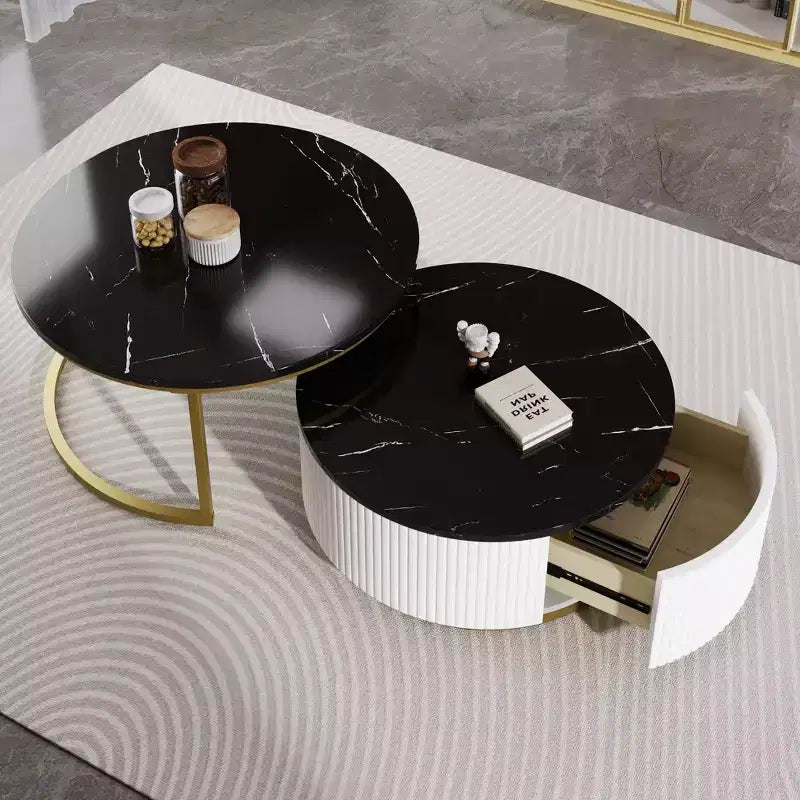 Modernes Couchtisch-Set aus 2 Satztischen, runder Beistelltisch mit Rillen fürs Wohnzimmer, Beistelltisch mit Schublade