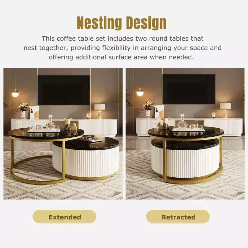 Ensemble de 2 tables basses modernes gigognes, table d'appoint ronde cannelée pour salon, table d'appoint avec tiroir de rangement