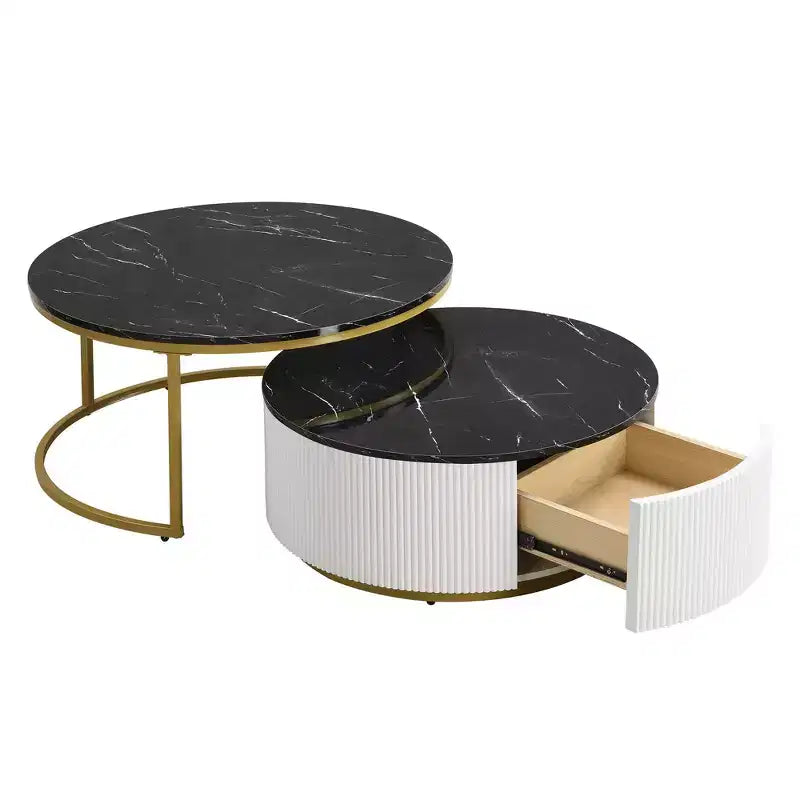 Modernes Couchtisch-Set aus 2 Satztischen, runder Beistelltisch mit Rillen fürs Wohnzimmer, Beistelltisch mit Schublade