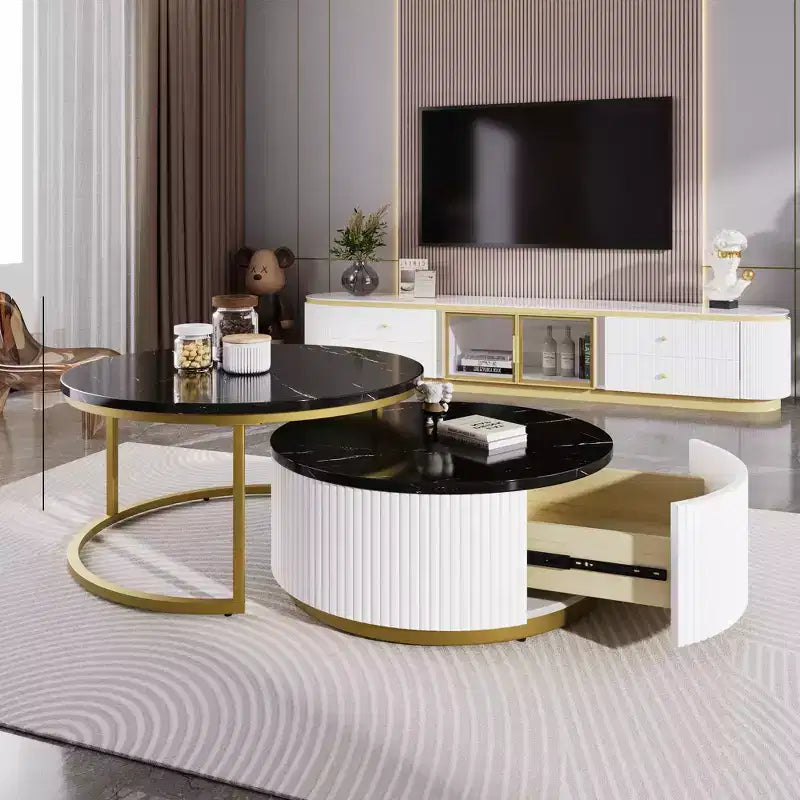 Modernes Couchtisch-Set aus 2 Satztischen, runder Beistelltisch mit Rillen fürs Wohnzimmer, Beistelltisch mit Schublade