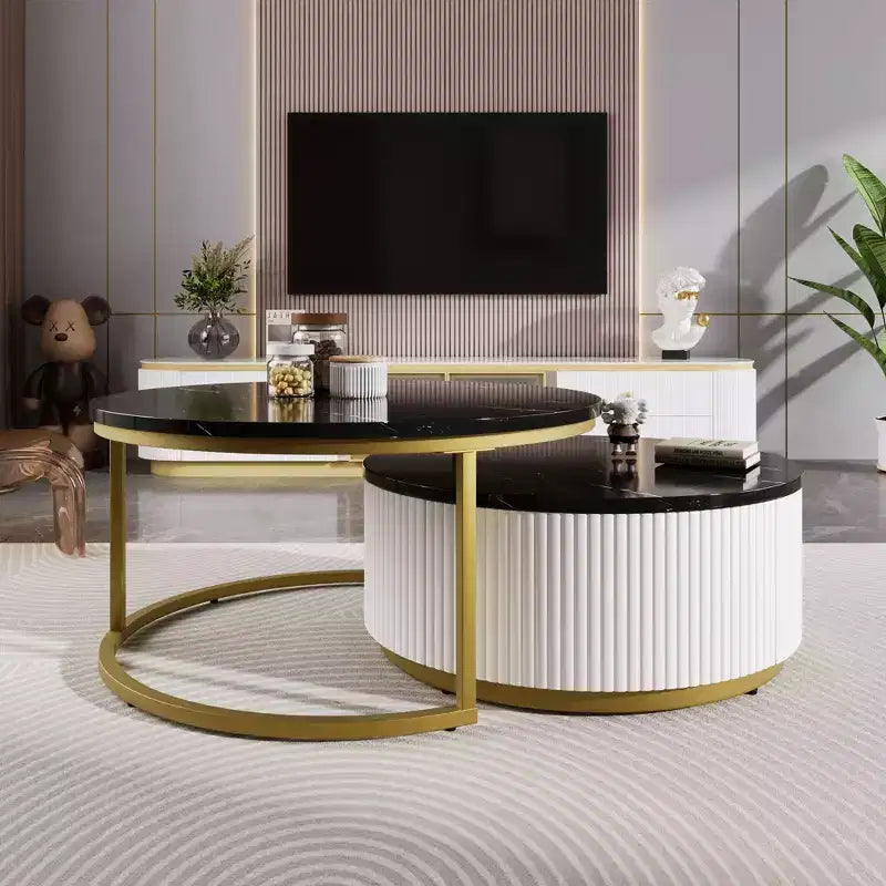 Ensemble de 2 tables basses modernes gigognes, table d'appoint ronde cannelée pour salon, table d'appoint avec tiroir de rangement
