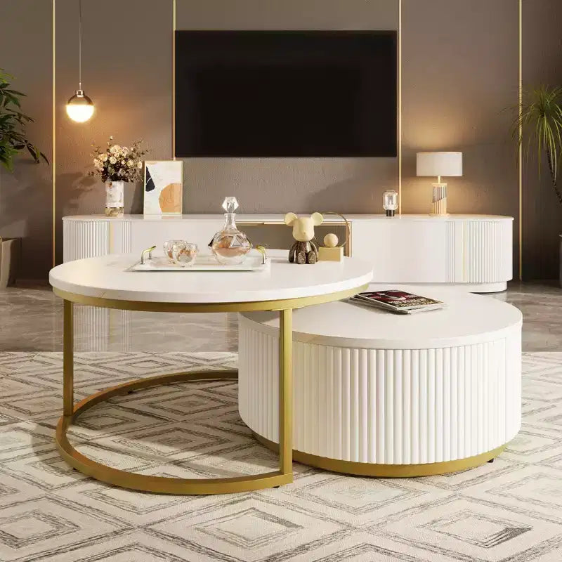 Ensemble de 2 tables basses modernes gigognes, table d'appoint ronde cannelée pour salon, table d'appoint avec tiroir de rangement